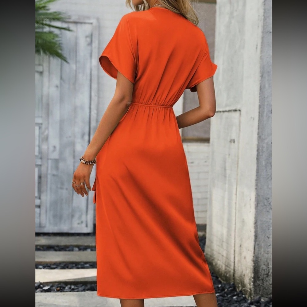 Boho Neon orange Kimono Sleeve Midi Dress - Picture 2 of 5